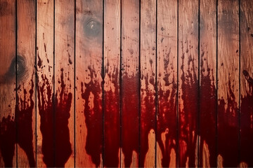 Horror wood blood stain background, grunge rough wooden plank wallpaper. AI generative