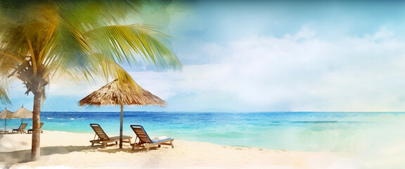 Tropical beach vacation banner. Summer travel tourism concept. Generative AI