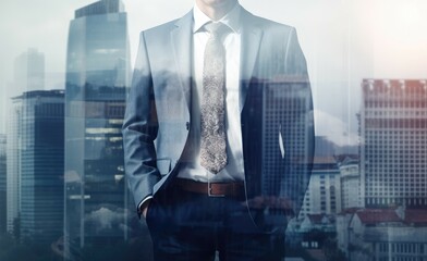 Successful Businessman in Suit Standing in Urban City with Copy Space for Professional Finance and Leadership Concept. Generative AI illustrations.