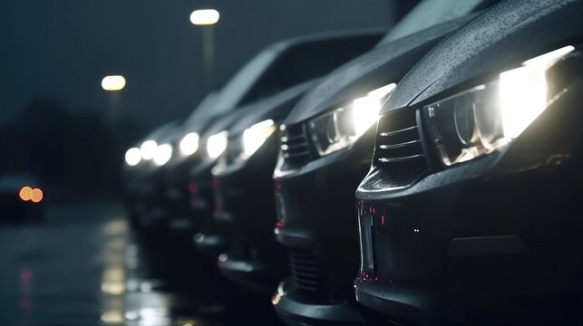 Car dealership. Many unrecognizable unbranded cars standing in a row at auto dealer. Generative AI.