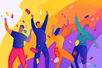 Obraz na płótnie Canvas Flat art illustration of people celebrating victory, raising fists with excitement. Generative AI