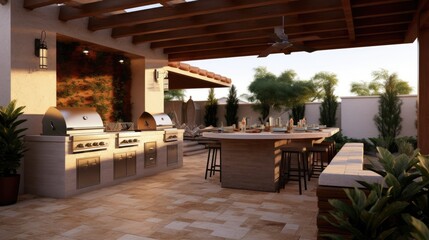 A spacious outdoor kitchen with a grill and plenty of seats. Generative AI