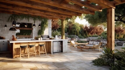 Fototapeta na wymiar A spacious outdoor kitchen with a grill and plenty of seats. Generative AI