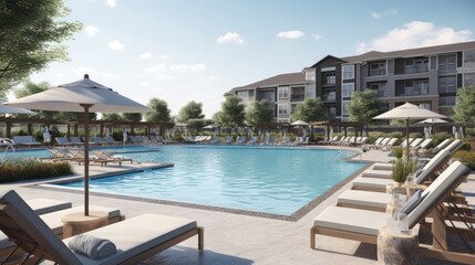 A spacious outdoor pool with many lounge seats with umbrellas. Generative AI 