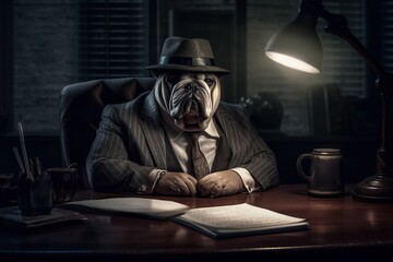 Portrait of bulldog as old mafia boss, gangster wearing vintage suit and hat. Generative AI - obrazy, fototapety, plakaty