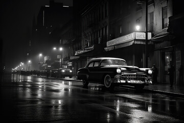 Noir movie, night city street under the rain. Generative AI - obrazy, fototapety, plakaty