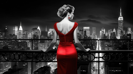 Back view of woman in red dress looking at 40s New York City in noir movie style. Generative AI