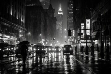 Fototapeta na wymiar Noir movie, night city street under the rain. Generative AI
