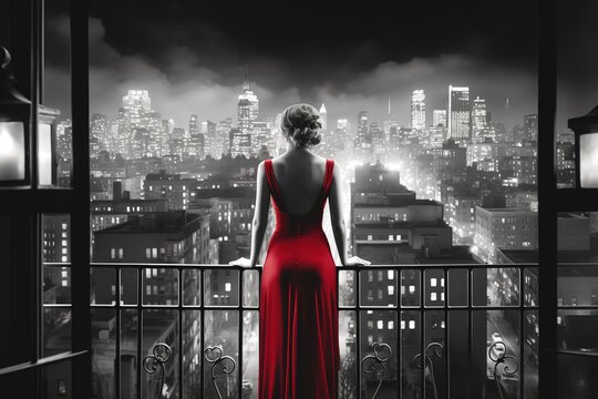 Back view of woman in red dress looking at 40s New York City in noir movie style. Generative AI