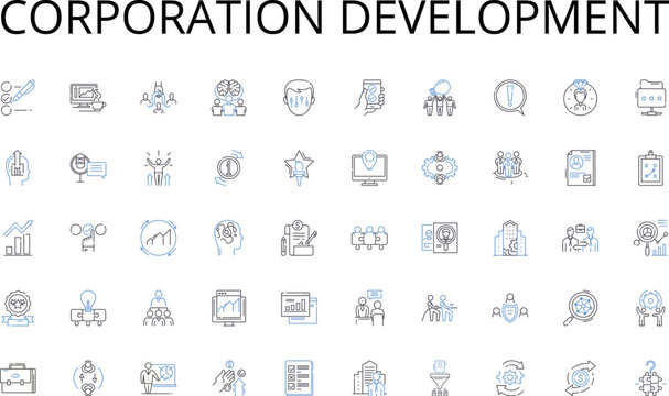 Corporation development line icons collection. Imagination, Innovation, Formation, Conception, Invention, Idea, Creativity vector and linear illustration. Vision,Brainstorm,Intuition outline signs set