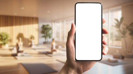 Yoga app. Yoga class booking phone mockup with blank white screen. Generative AI