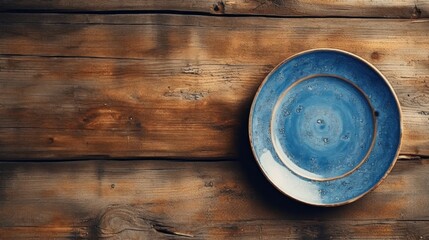 Handcrafted cobalt blue ceramic dinner plate on old wooden table, isolated minimalism, simplistic, top down view - generative AI