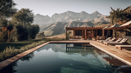A stunning outdoor pool with a view of the mountains. Generative AI