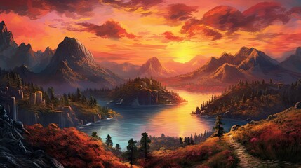 Fototapeta na wymiar A stunning view of a colorful sunset over a mountain range. Generative AI