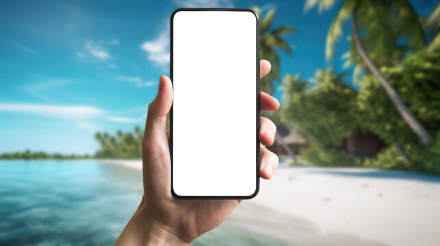 Travel app, beach tourism booking phone mockup with blank white screen. Generative AI