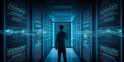 Engineer manager connecting data center on global networking in server room of storage systems and connect of data on internet network business. Generative AI
