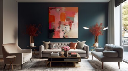 A stylish and modern living room with bold scheme colors and wall decor. Generative AI