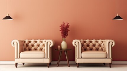A modern living room with two leather armchairs on an empty cream color wall and a vase of flowers. Generative AI
