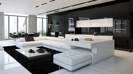 Fototapeta na wymiar A modern black and white stylish kitchen with a living room. Generative AI 