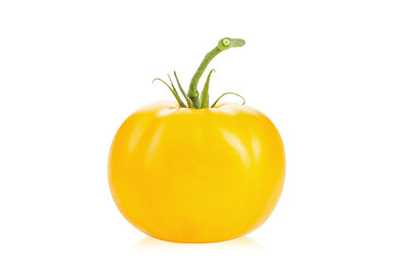 Ripe fresh yellow orange tomato with green tails  isolated on white background. Vegetables, healthy vegan organic food, harvest concept tomatoes pattern layout cooking.