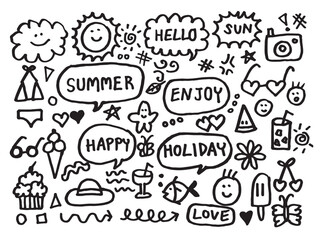 Hello Summer Set , Doodle Cartoon Hand drawn , Cute Icon