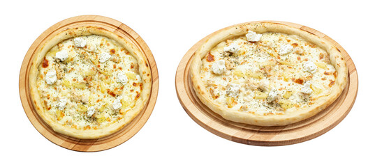 Delicious pizza with pineapple, chicken and ricotta cheese served on a wooden plate isolated on a white background. File contains clipping path.