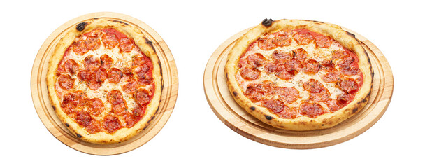 Delicious pepperoni pizza, served on a wooden plate isolated on a white background. Concept for advertising flyer and poster for restaurants or pizzerias.
