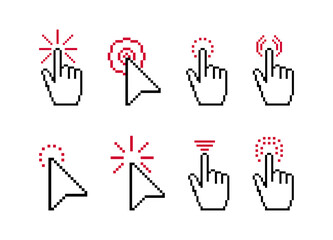 Cursor pixel set. Collection of graphic elements for website. Interface for programs, software and applications, ui and UX design. Cartoon flat vector illustrations isolated on white background