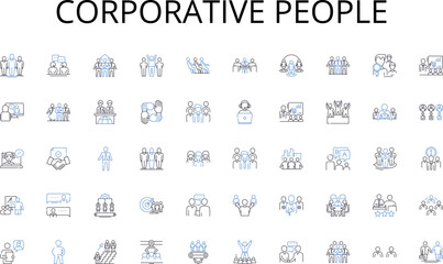 Corporative people line icons collection. Query, Indexing, Ranking, Search, Retrieval, Database, Algorithm vector and linear illustration. Precision,Recall,Relevance outline signs set