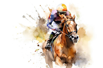 Watercolor illustration of a jockey riding at a gallop on a brown mare, isolated on white background.