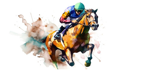 Watercolor illustration of a jockey riding at a gallop on a brown mare, isolated on white background.