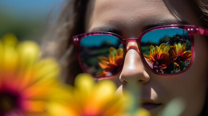 A close up macro abstract illustration of a young woman wearing sunglasses against a selective focus summer flowers background and foreground. A.I. generated. - obrazy, fototapety, plakaty