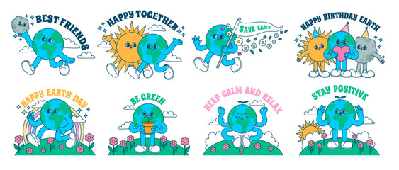 Stickers retro earth. Cartoon sticker retro mascot character walking Earth, save planet, hippy vintage comic sun, moon and flowers, vector set