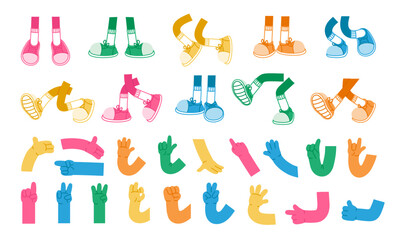 Fototapeta na wymiar Cartoon hands and leg. Retro color comic leg in sneakers, mascot arm and hand, feet in trainers walking, expression pose, cute doodle gesture. Vector set