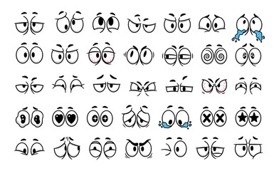 Cartoon eyes. Comic faces people eye and eyebrow expression. Facial emotion character, sad and smile, angry and happy human emotions. Vector set - obrazy, fototapety, plakaty