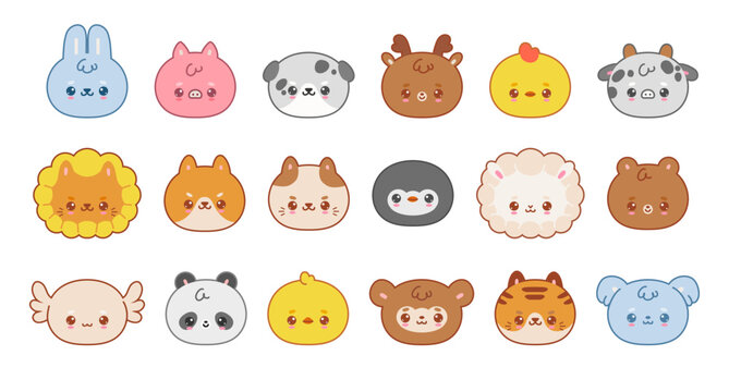 Cartoon animal face. Cute anime character animals, kawaii emoji pet dog and cat sticker, happy rabbit, cow, funny avatar panda bear, wildlife bird, tiger emotion. Vector set