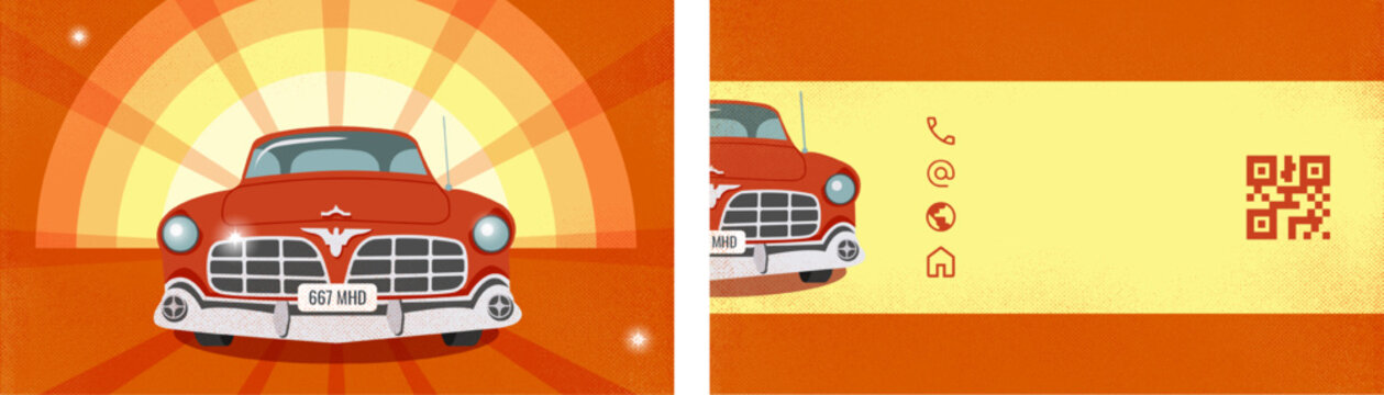  Business card template.Retro classic car logo. Front and back side Vector illustration