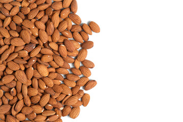 Lot of almonds white background, isolate.