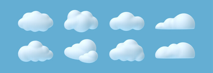3d cloud. White cartoon fluffy clouds in bubble shape in blue sky, summer rounded cumulus icons. Weather forecast realistic symbols vector set © Foxy Fox