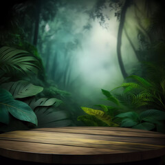 Wooden tabletop. Jungle in the background. green trees background. Banner. Copy space. Generative AI
