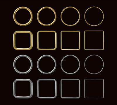 3d golden frames. Circular and square gold and silver shiny border rings, realistic metal simple round and rectangular wedding decoration. Vector set