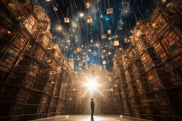 Image of infinite celestial books, with their pages and covers adorned with mystical symbols and cosmic secrets. A universe of knowledge awaits. Generative AI. - obrazy, fototapety, plakaty