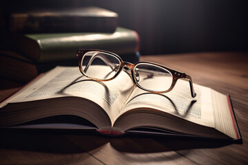 Vintage glasses lie on an open book, rustic background. Concept - learning, education, generative AI.