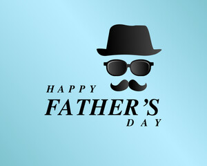black white typographic Happy Fathers Day greeting in blue background. with doodle hat glasses and mustache