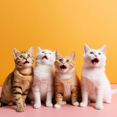 4 Shocked Kittens. Looking Upwards, Expressive Cats