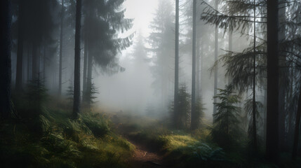Fototapeta premium A misty morning with a forest of tall trees shrouded in fog, creating a mysterious and awe-inspiring view. Generative AI