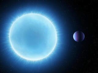 Rocky planet in orbit around a blue star. An exoplanet orbits close to a bright giant sun.