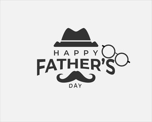 black white typographic Happy Fathers Day greeting. Vector background with doodle hat glasses and mustache