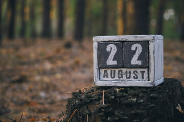 August 22 summer month, wooden calendar with date and month in forest.Flag Day of Russia.