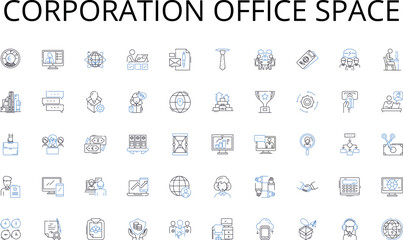 Corporation office space line icons collection. Machine, Fabrication, Parts, Manufacturing, Engineering, Construction, Joining vector and linear illustration. Integration,Assembly line,Production